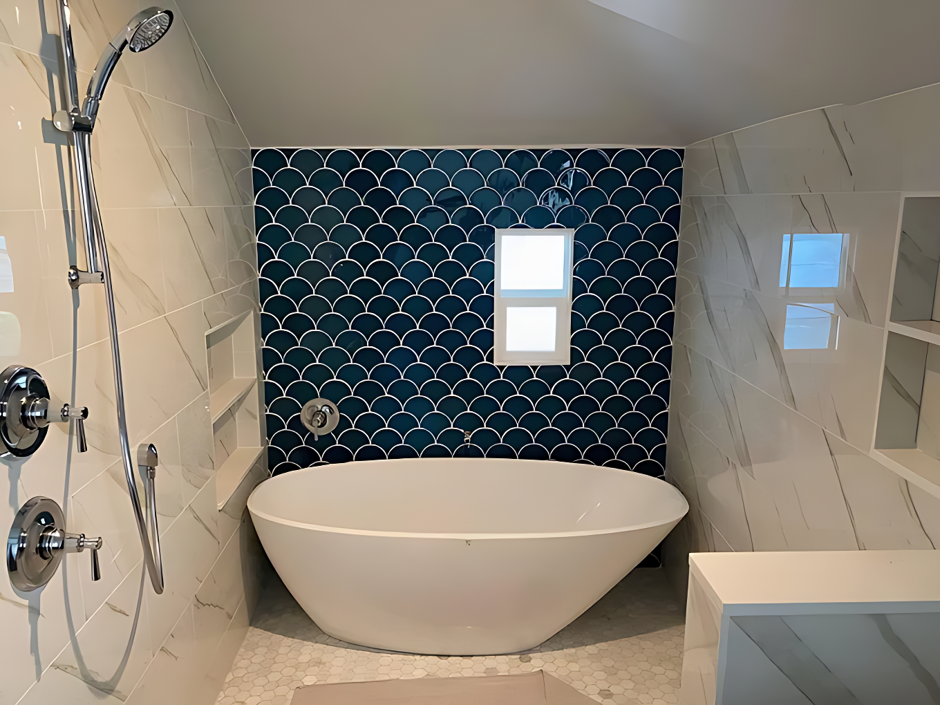 Image of an AmyWorks bathroom addition featuring a slatted ceiling, walk‑in shower, and modern vanity