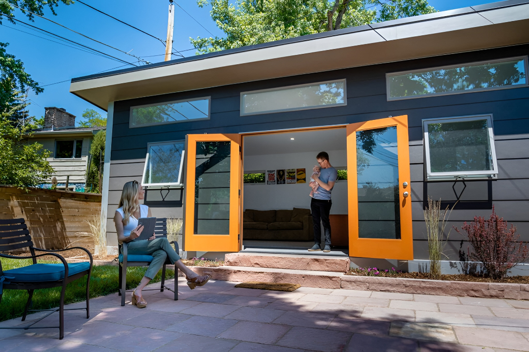 Modern detached accessory dwelling unit (DADU) with contemporary exterior and large windows in the backyard.