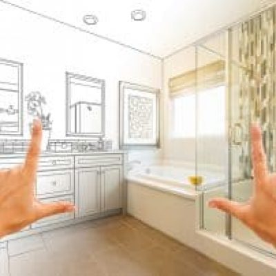 3D model imaginations of the construction of bathroom with hands